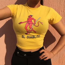 Load image into Gallery viewer, TELITE Sexy Slim Waist Cropped T-shirt Women Fashion Cotton Cartoon Print t shirt Summer Yellow Knitted tshirt O-neck Devil Top